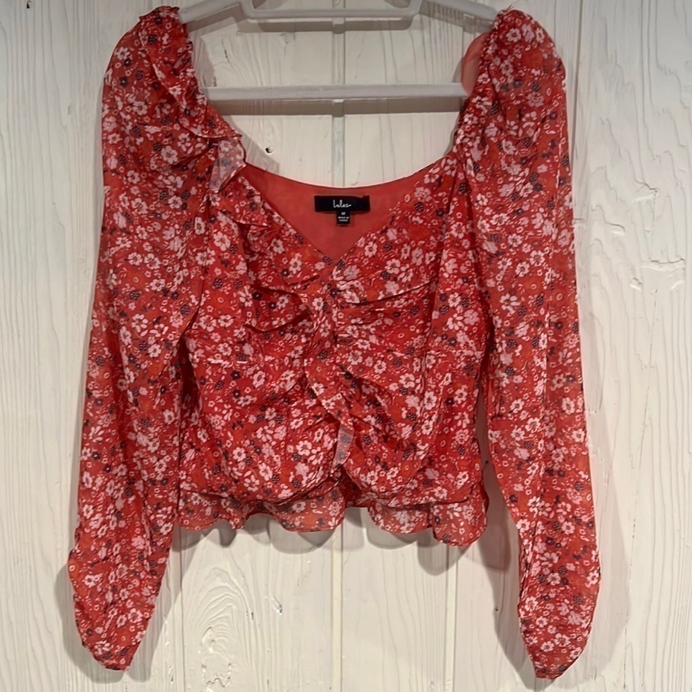 Lulus Ruffle Top with Sheer Sleeves, Size M